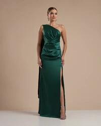 Vestido de Festa Longo Cetim Alfaiataria Um Ombro Só Drapeado com Lenço Verde Escuro