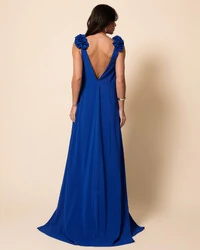 Vestido de Festa Longo Crepe Chiffon Fluido Decote em V Flores Azul Royal