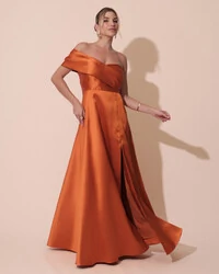 Vestido de Festa longo Faixa Ombro e Fenda Zibeline Terracota