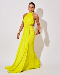 Vestido de Festa Longo Malha Jersey Gola Alta Saia Sereia Verde Lima