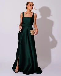 Vestido de Festa Longo Zibeline com Fenda e Faixa Verde Escuro
