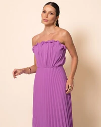 Vestido de Festa Longo Tomara que Caia Plissado Detalhe Fúcsia