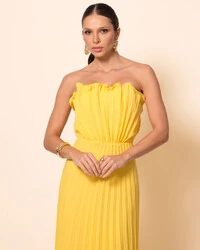 Vestido de Festa Longo Tomara que Caia Plissado Detalhe Amarelo