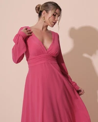Vestido de Festa Manga Longa com Cintura Drapeada Decote V Pink New