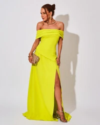 Vestido de Festa Longo Alfaiataria Ombro a Ombro Drapeado com Fenda Verde Lima