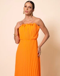 Vestido de Festa Longo Tomara que Caia Plissado Detalhe Laranja