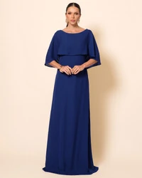 Vestido de Festa Longo Crepe Chiffon com Capa e Degagê nas Costas Azul Marinho
