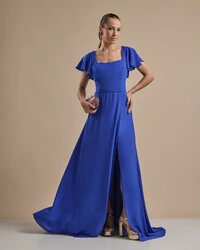 Vestido de Festa Longo Crepe Chiffon Manga Babado e Fenda Azul Royal