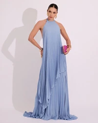 Vestidos de Festa Longo Chiffon Fluido Frente Única Plissado Duplo Serenity