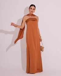 Vestido Longo de Festa Tomara que Caia Cetim com Lenço Mocha Mousse
