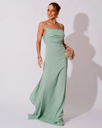 Vestido de Festa Longo Crepe Chiffon Costas Lenço Cauda Verde Menta