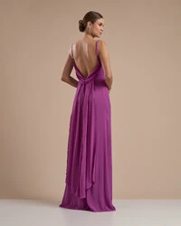 Vestido de Festa Longo Crepe Chiffon Costas Lenço Cauda Fúcsia