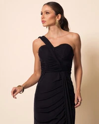 Vestido de Festa Longo Tule Tomara que Caia Faixa Detalhe Drapeado e Fenda Preto