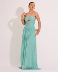 Vestido de Festa Longo Tule Brilho Tomara que Caia Recortes Tiffany
