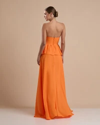 Vestido de Festa Longo Crepe Chiffon Tomara que Caia Peplum Drapeado Laranja