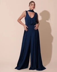 Macacão de Festa Longo Crepe Pantalona Plissado e Lenço Azul Marinho