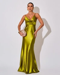 Vestido de Festa Longo Malha Cetim Busto Drapeado Saia Sereia Verde Oliva