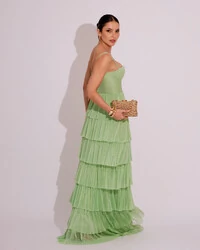 Vestido de Festa Longo Tule Glitter com Camadas Verde Lima