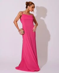 Vestido de Festa Longo Crepe Chiffon Costas Lenço Cauda Pink
