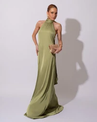 Vestido de Festa Gola Alta com Decote nas Costas Acetinado Verde Pistache