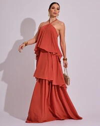 Vestido Longo Babado em Camadas Terracota