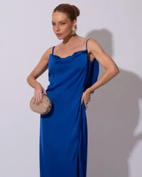 Vestido de Festa Longo Babado Costas Cetim Fluido e Fenda Azul Royal