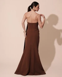Vestido de Festa Longo Alfaiataria Tomara que Caia Drapeado Faixa Marrom