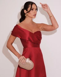 Vestido de Festa longo Faixa Ombro e Fenda Zibeline Marsala