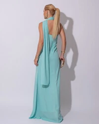 Vestido de Festa Longo Crepe Chiffon Um Ombro Só Drapeado Lenço Fixo Tiffany