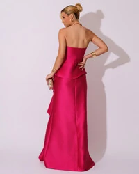 Vestido de Festa Longo Tomara que Caia Babado Cascata Pink