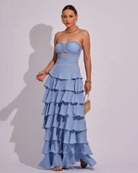 Vestido Longo Crepe Chiffon Tomara que Caia Plissado em Camadas Serenity
