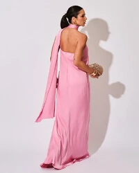 Vestido de Festa Longo Cetim Fluido Um Ombro Só Lenço Fixo Rosa