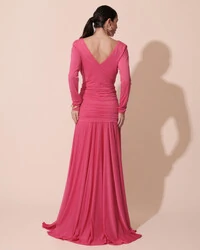 Vestido de Festa Longo Malha Degagê Drapeado Manga Longa Pink New