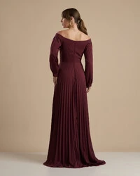 Vestido de Festa Longo Crepe Chiffon Plissado Ombro a Ombro Marsala