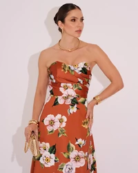 Vestido de Festa Longo Tomara que Caia Estampado Decote Drapeado Terracota