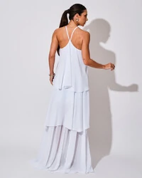 Vestido Longo Crepe Chiffon Babado em Camadas Branco