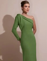 Vestido de Festa com Laço de Um Ombro em Alfaiataria Fenda Verde Matcha