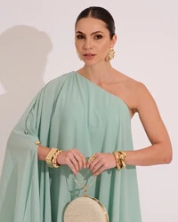 Vestido de Festa um Ombro com Capa Crepe Fluido Verde Menta