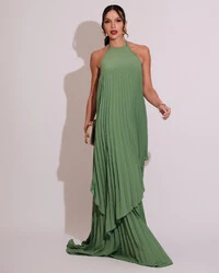 Vestidos de Festa Longo Chiffon Fluido Frente Única Plissado Duplo Verde Matcha