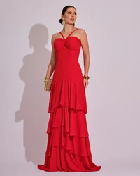 Vestido Longo Frente Única em Crepe com Babados e Camadas Vermelho