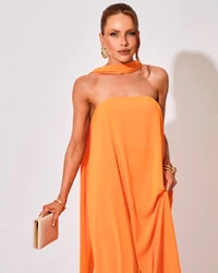 Vestido de Festa Longo Crepe Tomara que Caia com Lenço Laranja