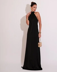 Vestido de Festa Gola Alta com Decote nas Costas Acetinado Preto
