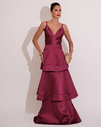 Vestido de Festa Longo Zibeline em Camadas Decote em V com Alças Fúcsia