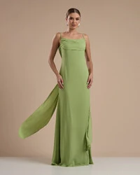 Vestido de Festa Longo Crepe Chiffon Costas Lenço Cauda Verde Garden