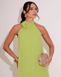 Vestido Longo Crepe Frente Única Fluido Flor Removível Verde Lima