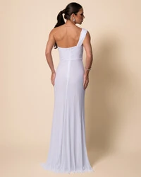 Vestido de Festa Longo Tule Tomara que Caia Faixa Detalhe Drapeado e Fenda Branco