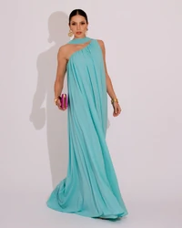 Vestido de Festa Longo Crepe Fluido um Ombro Só com Lenço Tiffany