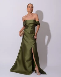 Vestido de Festa Longo Zibeline Ombro a Ombro Drapeado e Fenda Verde Oliva