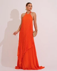 Vestidos de Festa Longo Chiffon Fluido Frente Única Plissado Duplo Laranja