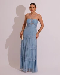 Vestido de Festa Longo Tule com Saia Babado Azul Serenity